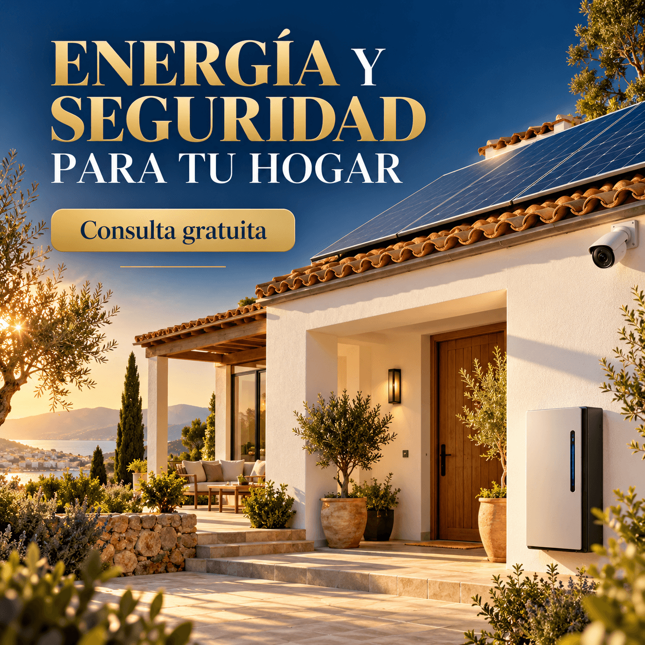 Vivienda con paneles solares, batería y cámara de seguridad