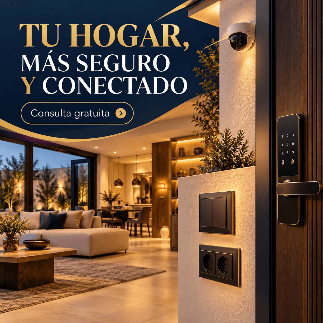 Ejemplo ilustrativo de enchufes, cámara y cerradura electrónica en una vivienda