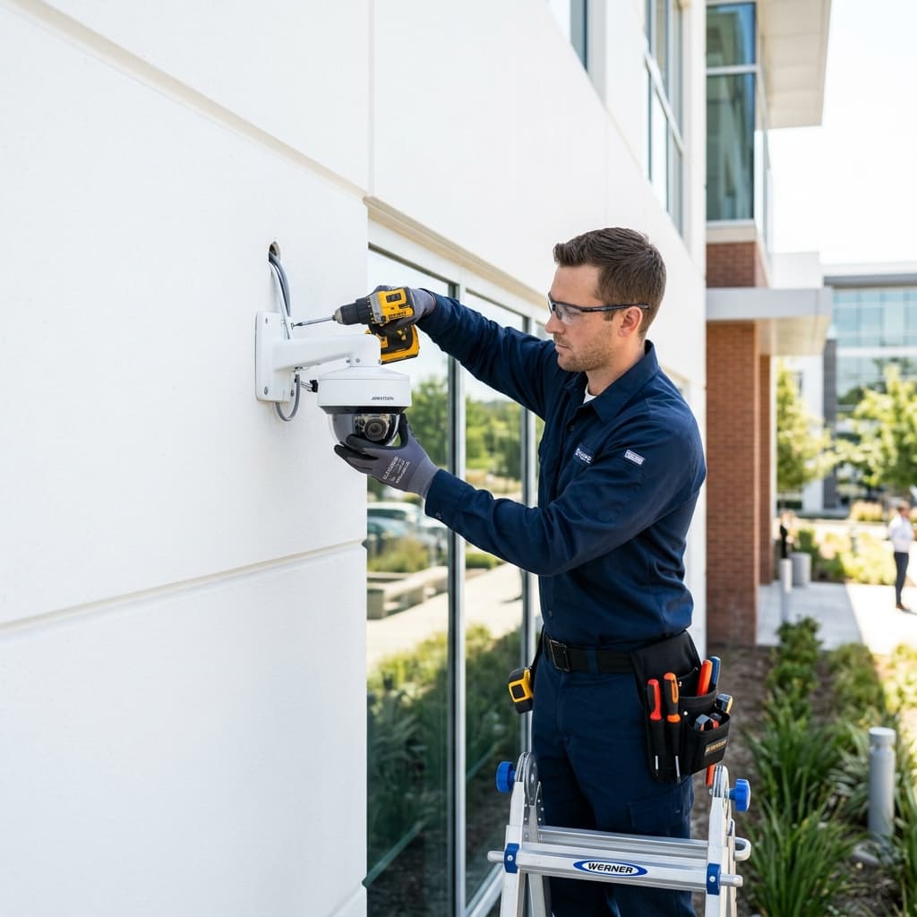 Technicien installant une caméra de surveillance